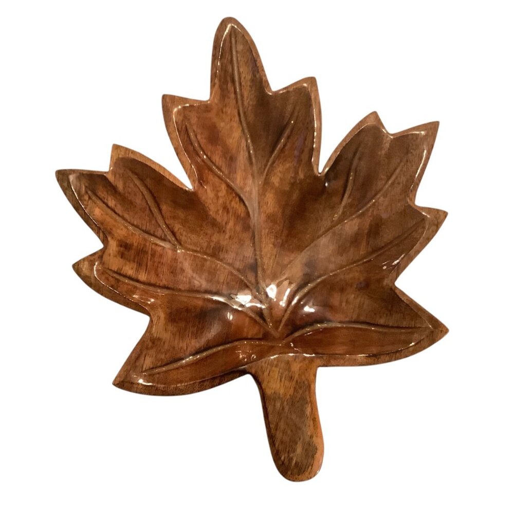 Vtg Handcrafted Hand Carved Wooden Leaf-Shaped Decor‎ Tray 10”x12"x1.5” Glossy